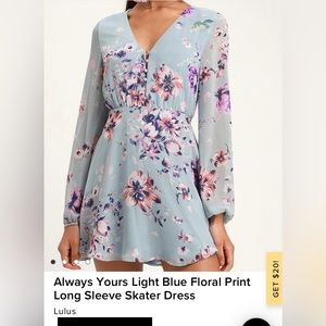 Lulus light blue long sleeve floral skater dress